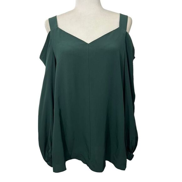 Tibi Women's Forest Green Silk Cold Shoulder V-Neck Long Sleeve Blouse Size 8 - Picture 1 of 12